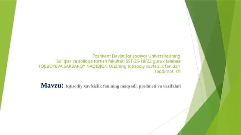 Iqtisodiy xavfsizlik fanidan Taqdimot