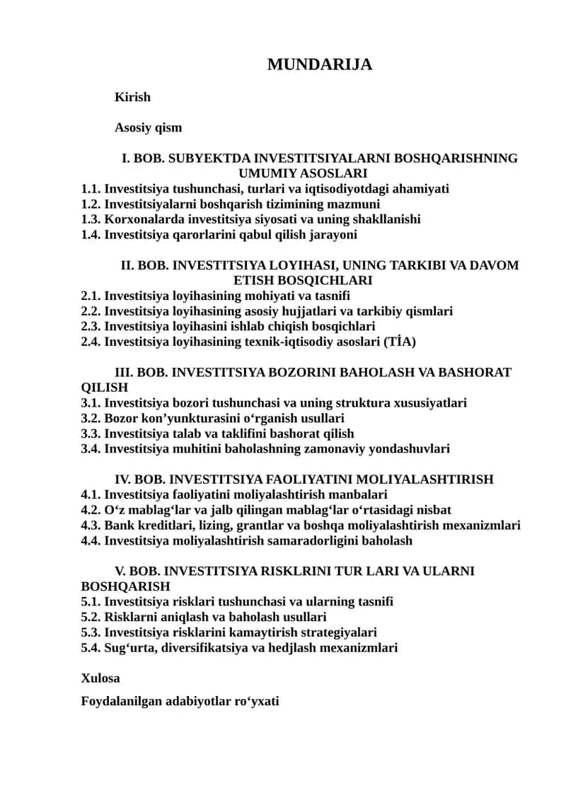 INVESTITSIYALARNI BOSHQARISHNING UMUMIY ASOSLARI