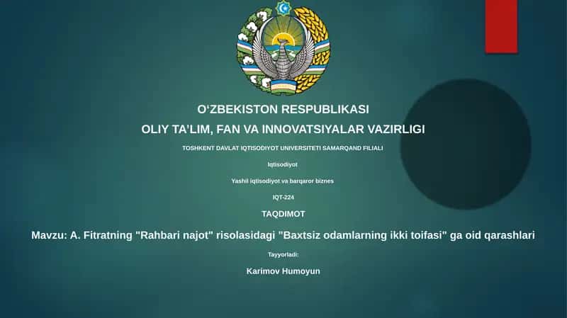A. Fitratning "Rahbari najot" risolasidagi "Baxtsiz odamlarning ikki toifasi" ga oid qarashlari