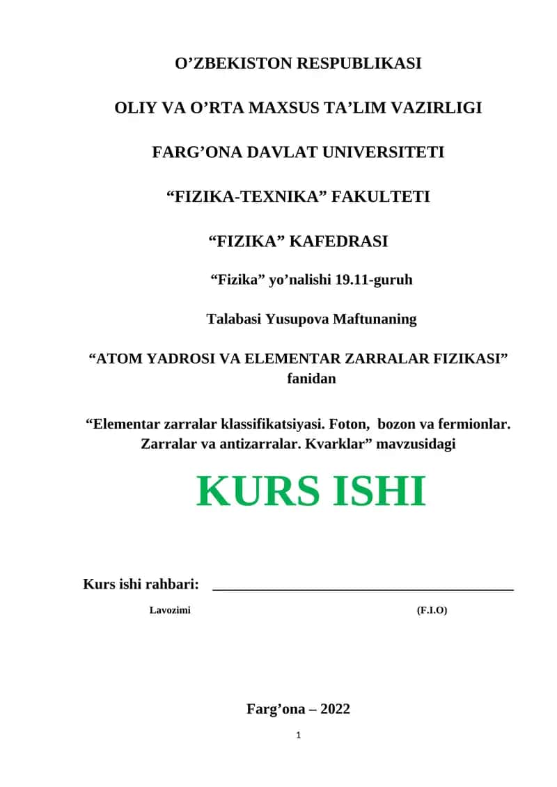 "ATOM YADROSI VA ELEMENTAR ZARRALAR FIZIKASI"