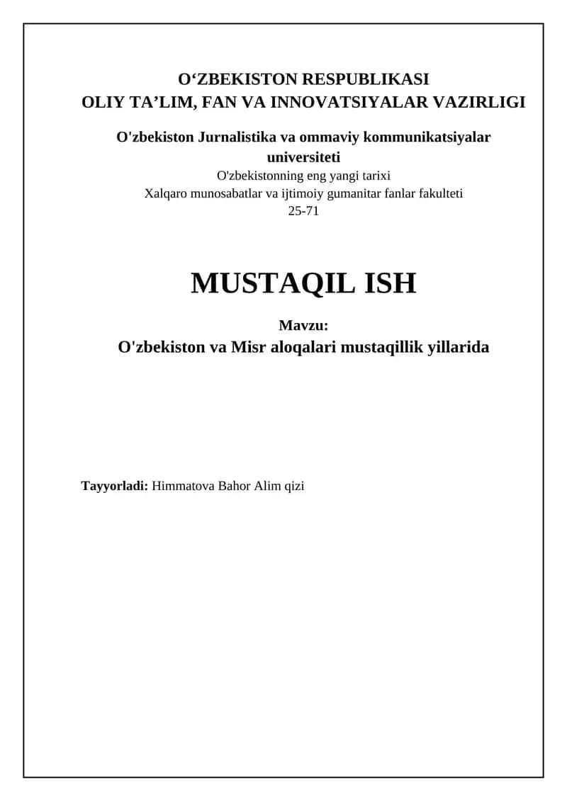 O'zbekiston va Misr aloqalari mustaqillik yillarida