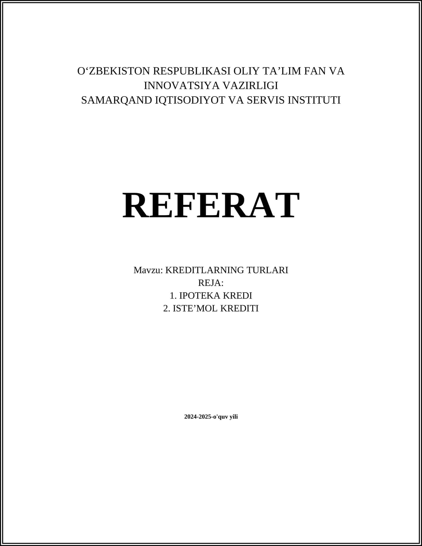 KREDITLARNING TURLARI