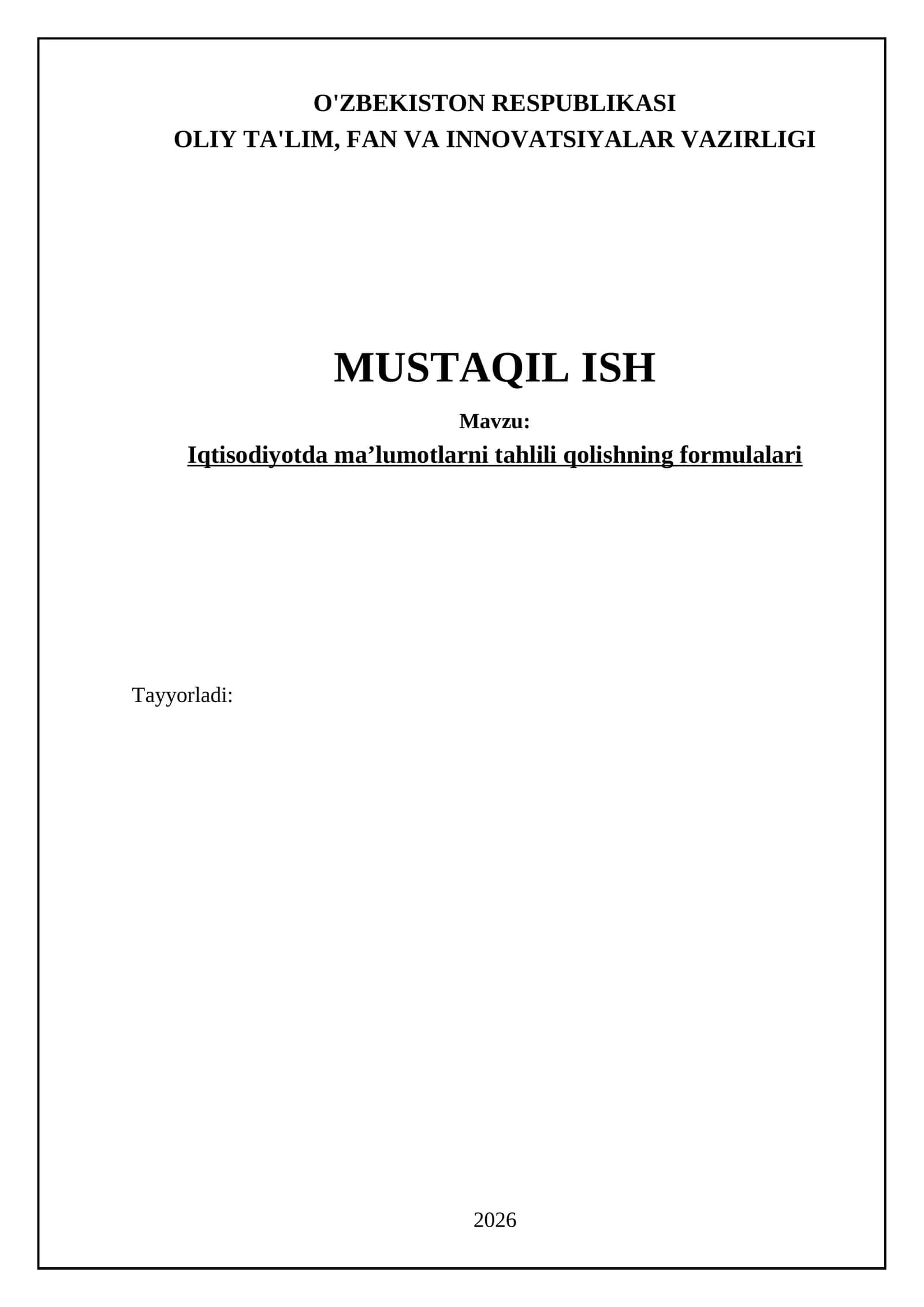 Iqtisodiyotda maʼlumotlarni tahlili qolishning formulalari