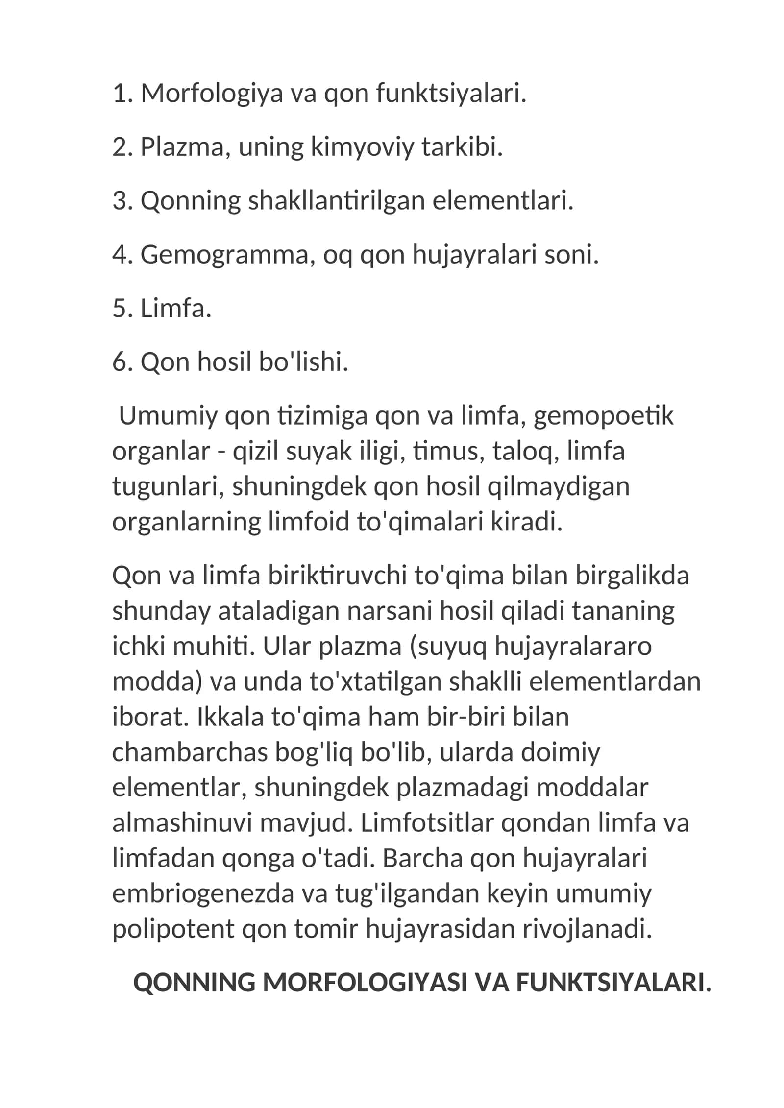 Morfologiya va qon funktsiyalari