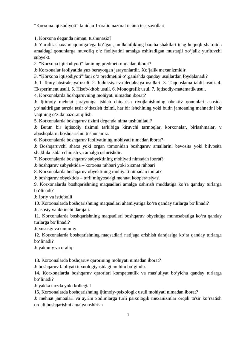 Korxona iqtisodiyoti fanidan 1-oraliq nazorat uchun test savollari