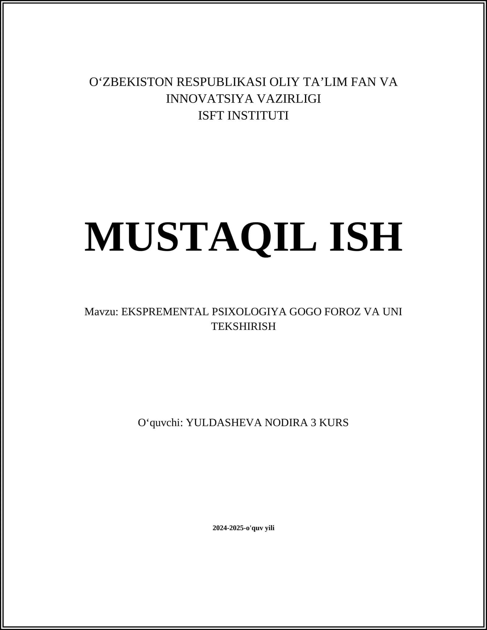 EKSPREMENTAL PSIXOLOGIYA GOGO FOROZ VA UNI TEKSHIRISH
