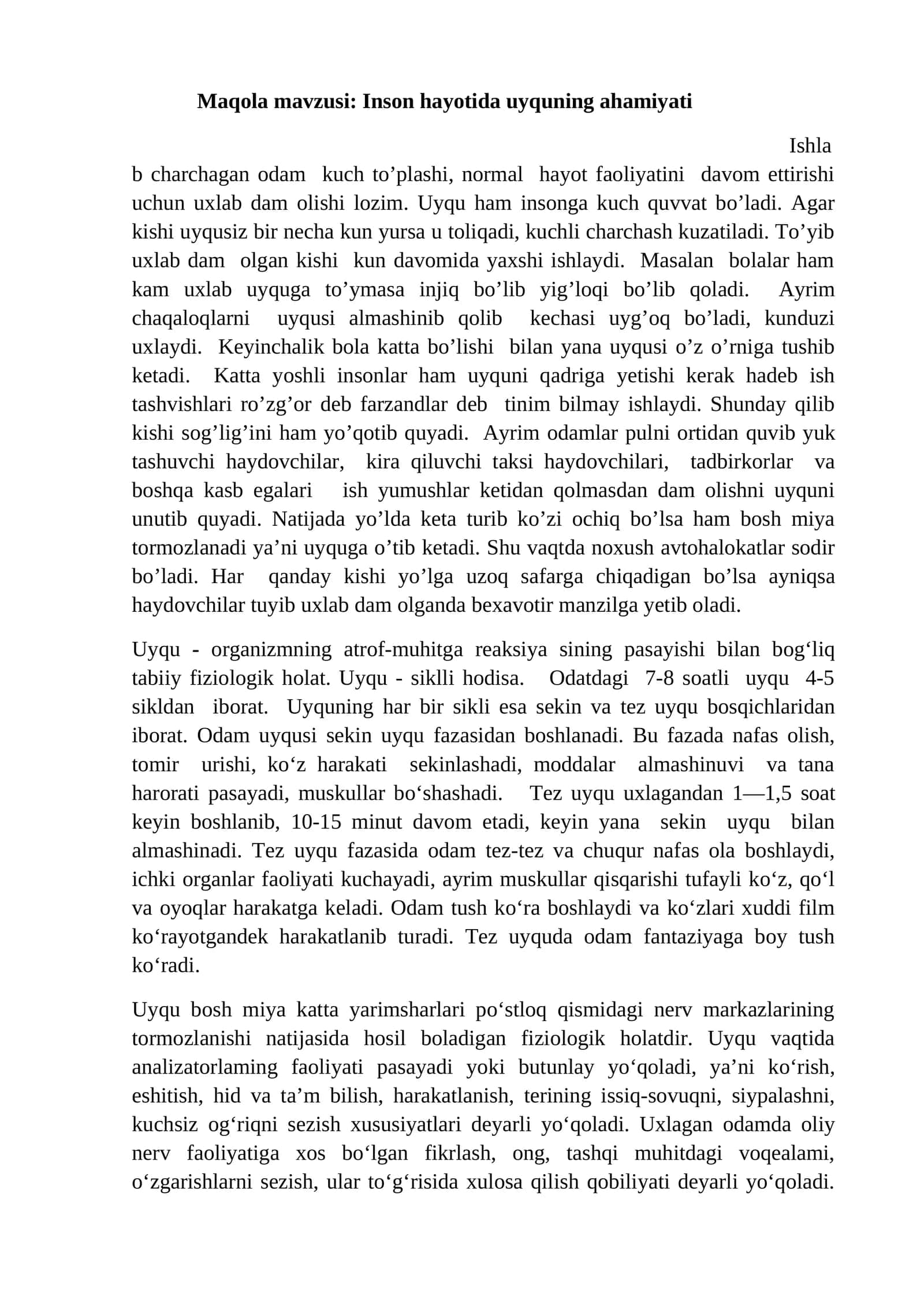 Inson hayotida uyquning ahamiyati