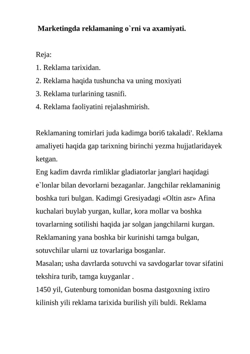 Reklamaning o`rni va axamiyati