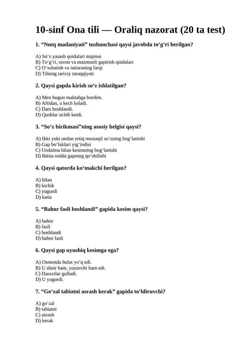10-sinf Ona tili — Oraliq nazorat (20 ta test)