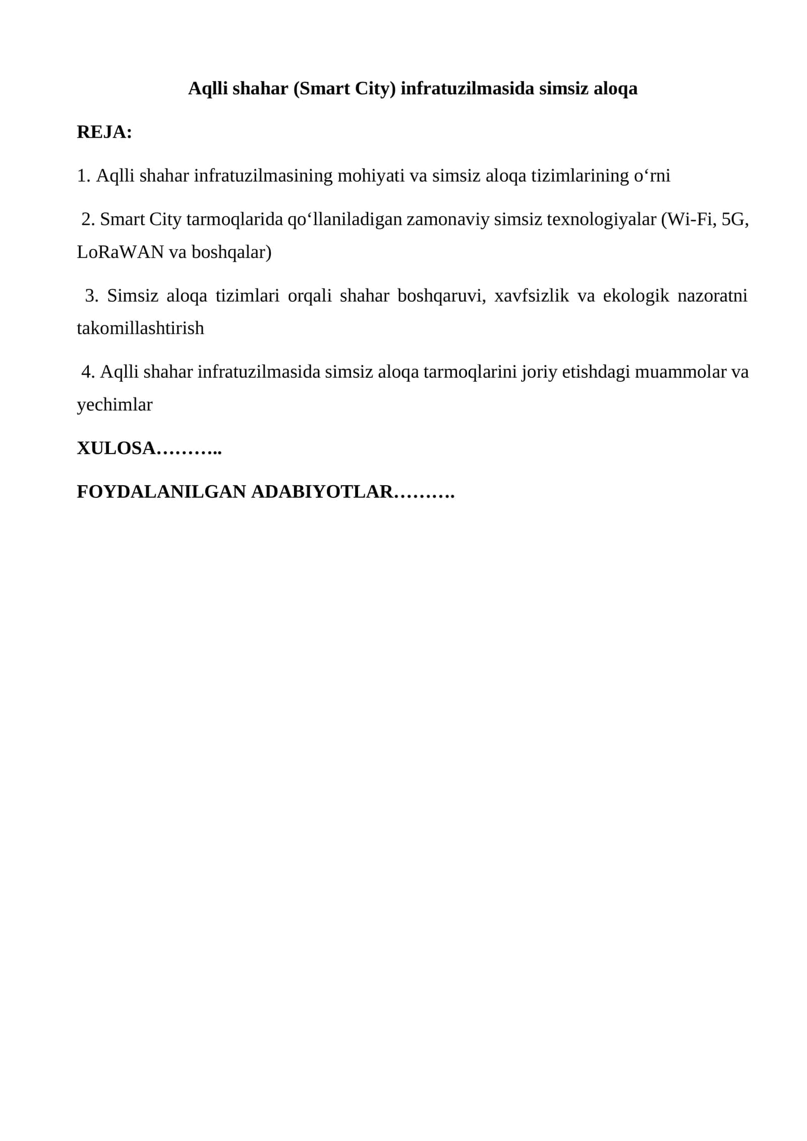 Aqlli shahar (Smart City) infratuzilmasida simsiz aloqa