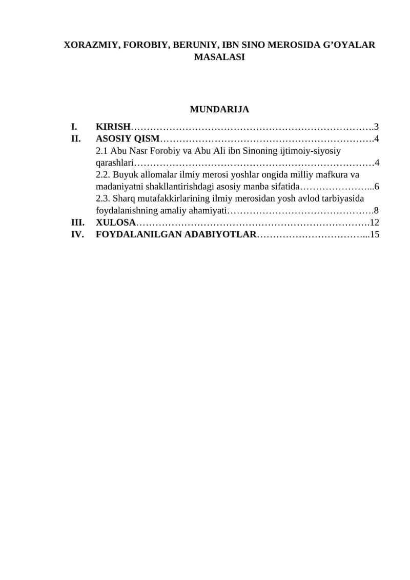Xorazmiy, forobiy, beruniy, ibn sino merosida g’oyalar masalasi