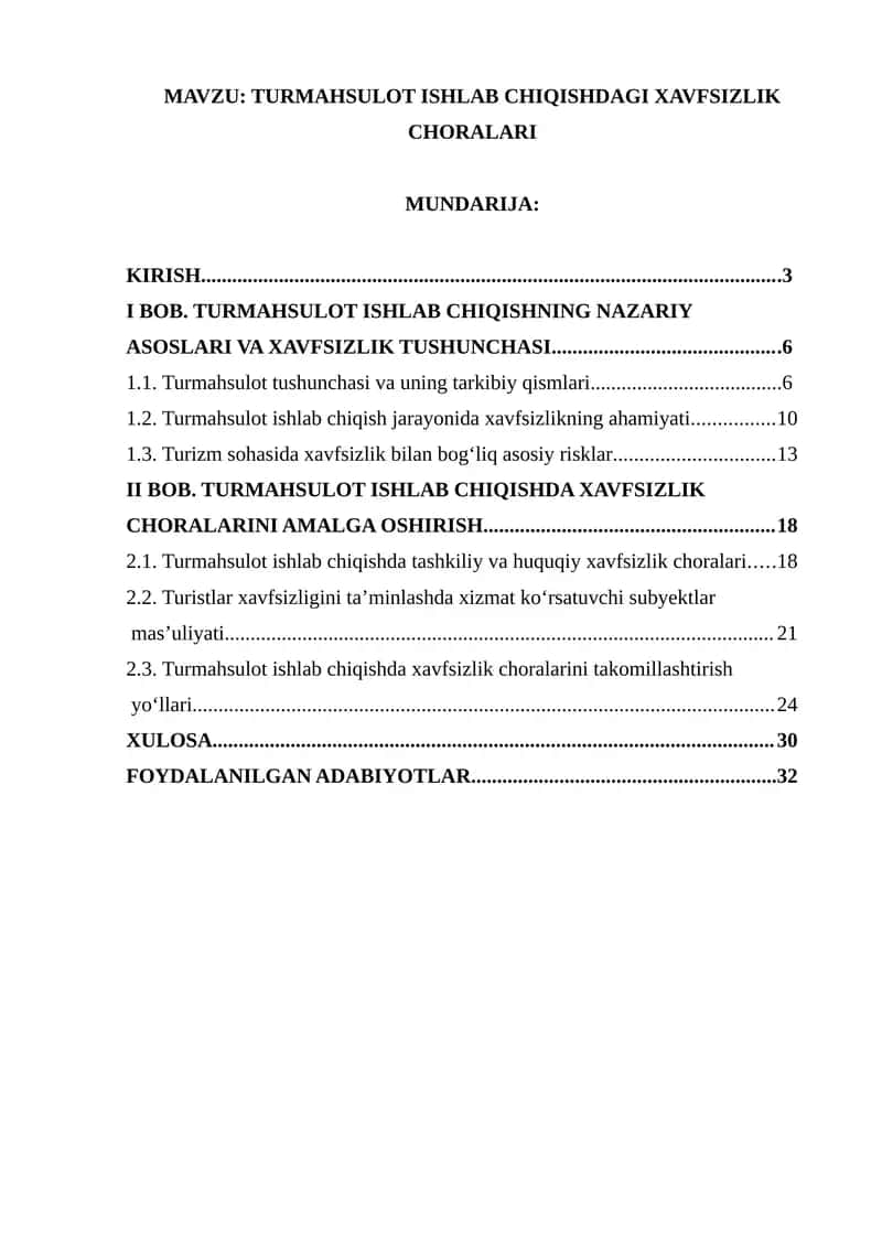 TURMAHSULOT ISHLAB CHIQISHDAGI XAVFSIZLIK CHORALARI