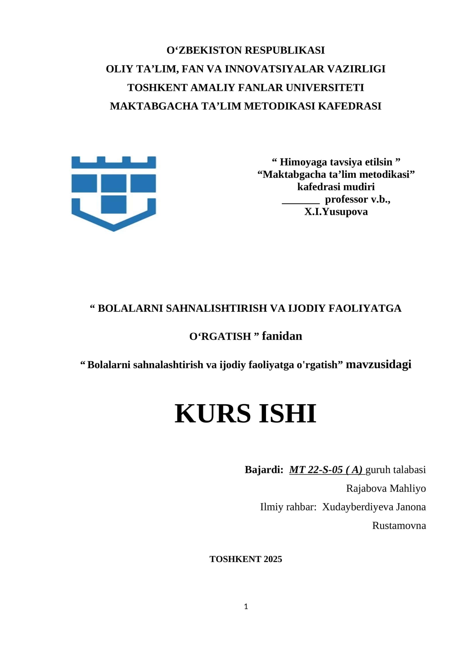 Bolalarni sahnalashtirish va ijodiy faoliyatga o'rgatish.