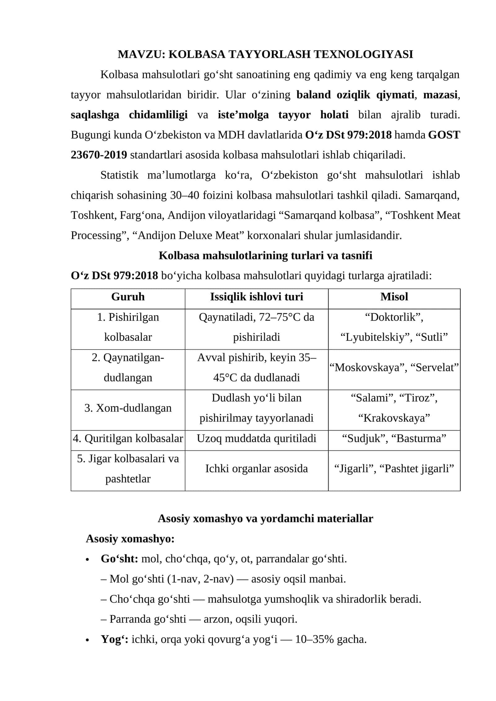 KOLBASA TAYYORLASH TEXNOLOGIYASI