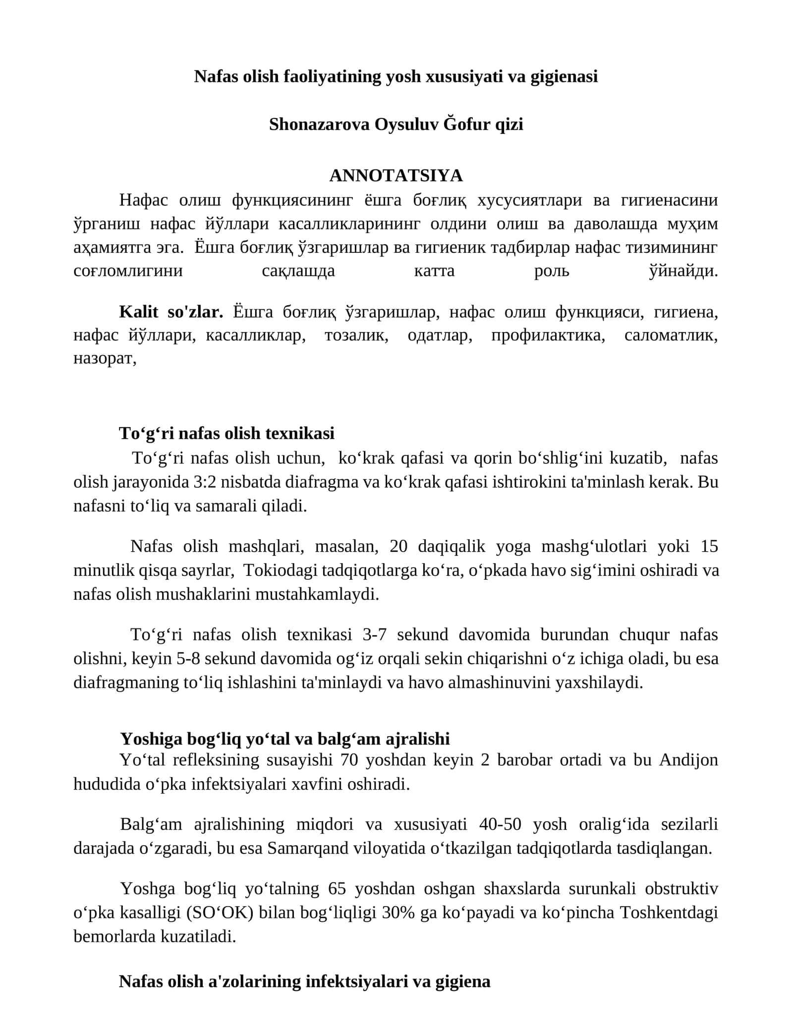 Nafas olish faoliyatining yosh xususiyati va gigienasi