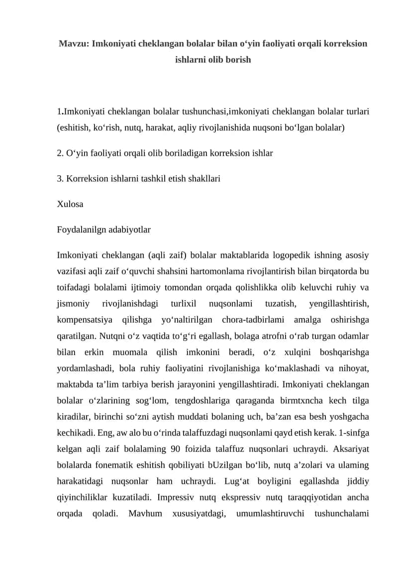 Imkoniyati cheklangan bolalar bilan o‘yin faoliyati orqali korreksion ishlarni olib borish