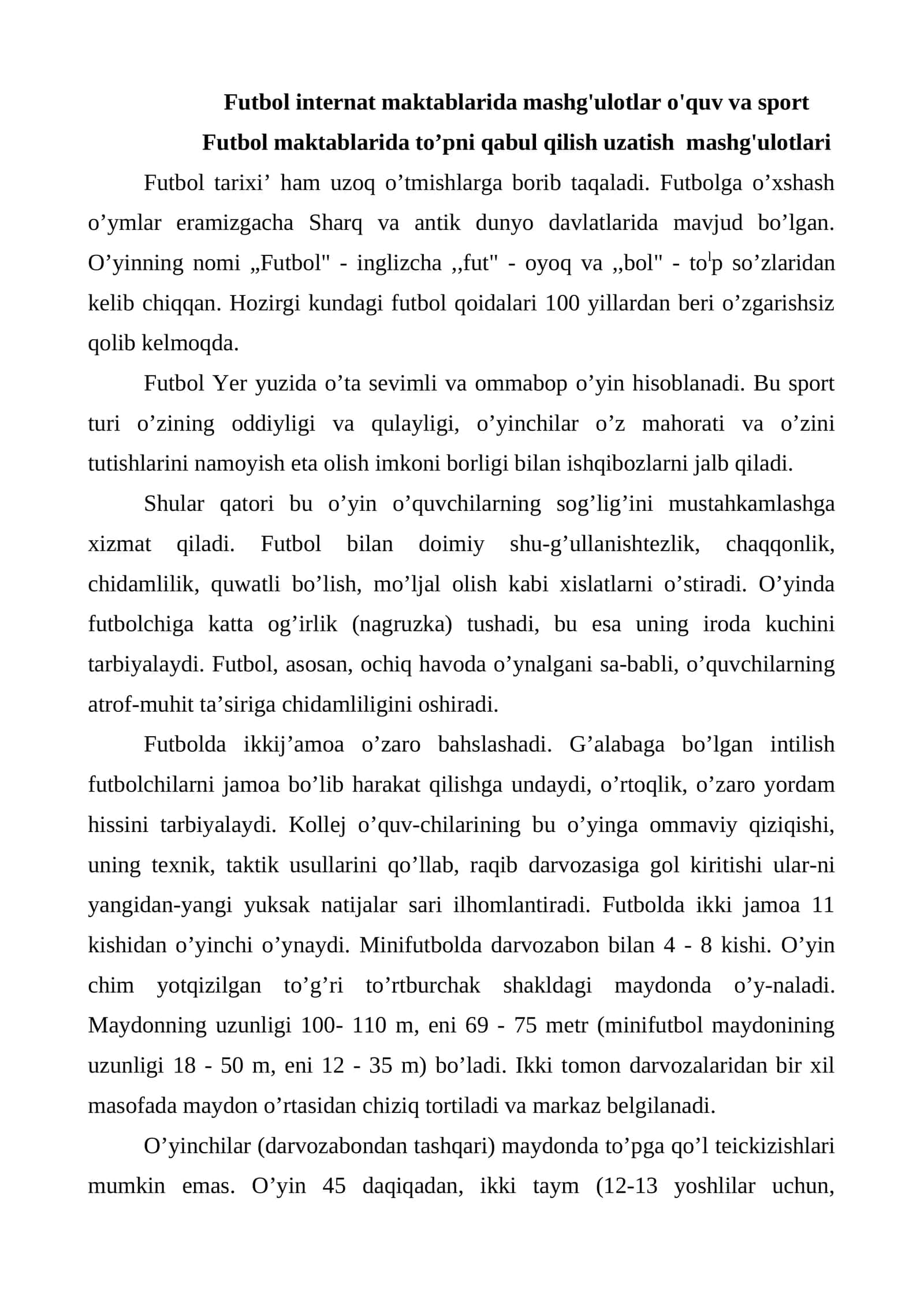 Futbol internat maktablarida mashg'ulotlar o'quv va sport