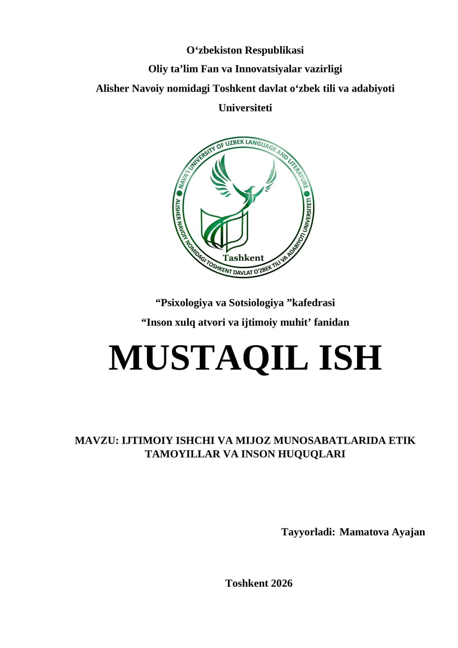 Ijtimoiy ishchi va mijoz munosabatlarida etik tamoyillar va inson huquqlari