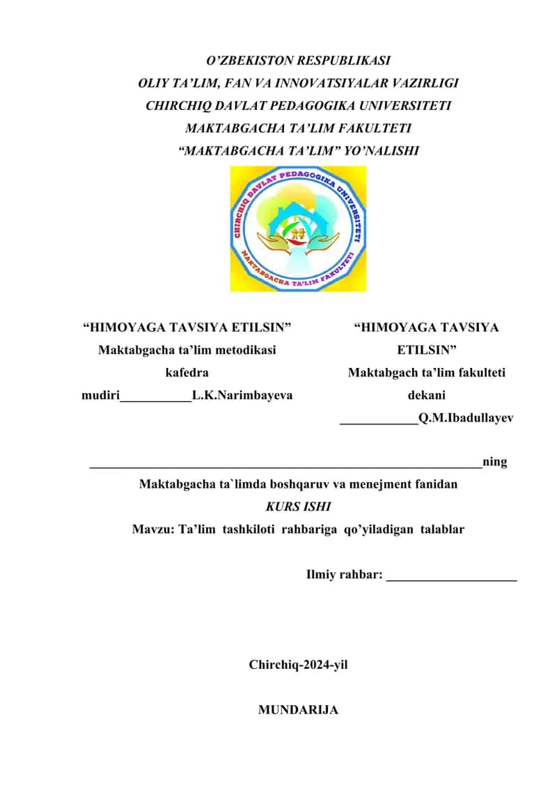 Ta’lim tashkiloti rahbariga qo’yiladigan talablar
