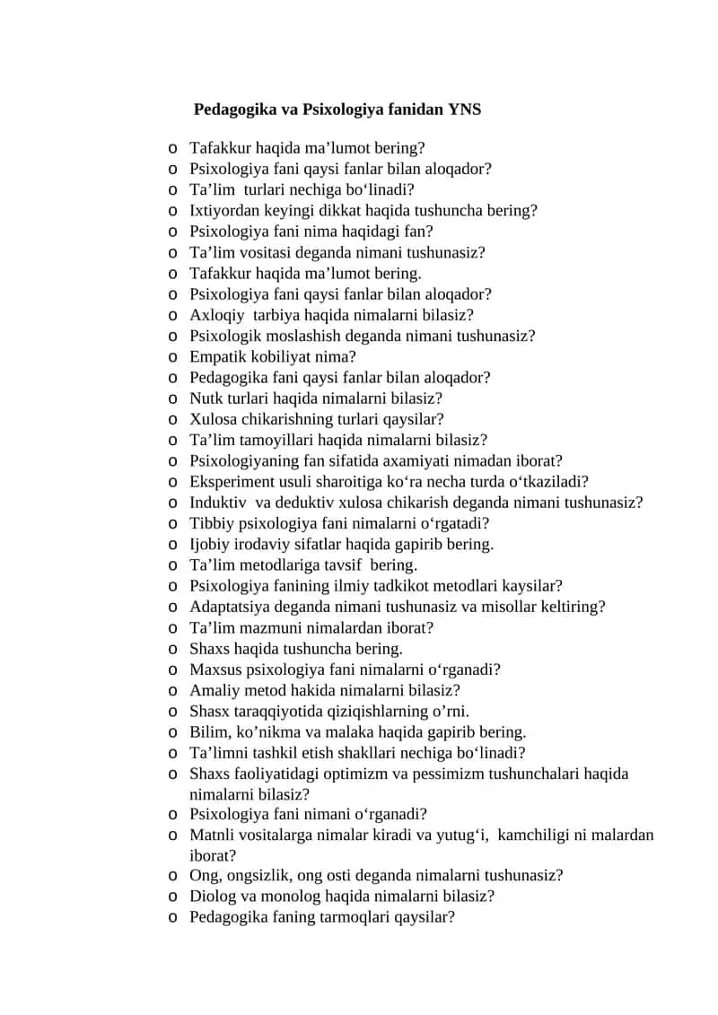 YNS Pedagogika va Psixologiya