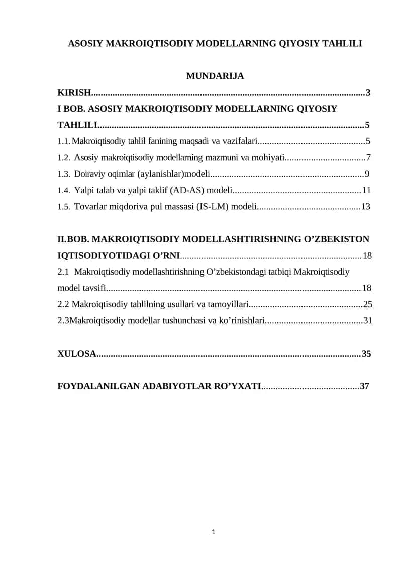 ASOSIY MAKROIQTISODIY MODЕLLARNING QIYOSIY TAHLILI