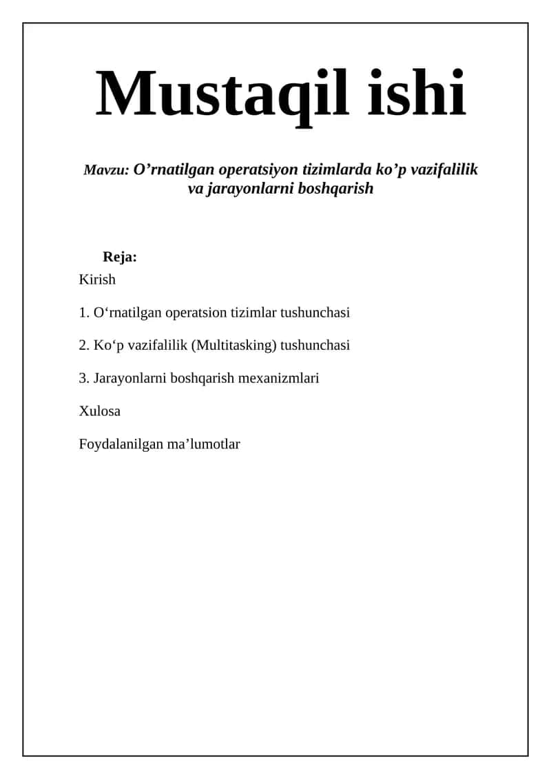 O’rnatilgan operatsiyon tizimlarda ko’p vazifalilik va jarayonlarni boshqarish