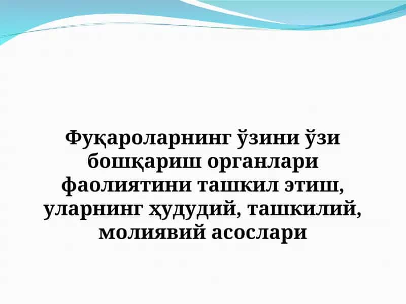 Фуқароларнинг ўзини ўзи бошқариш органлари фаолиятини ташкил этиш, уларнинг ҳудудий, ташкилий, молиявий асослари