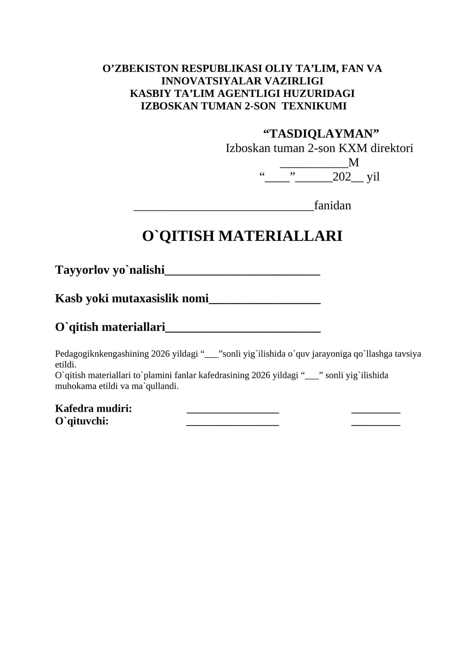 BIZNES ASOSLARI FANIDAN O`QITISH MATERIALLARI