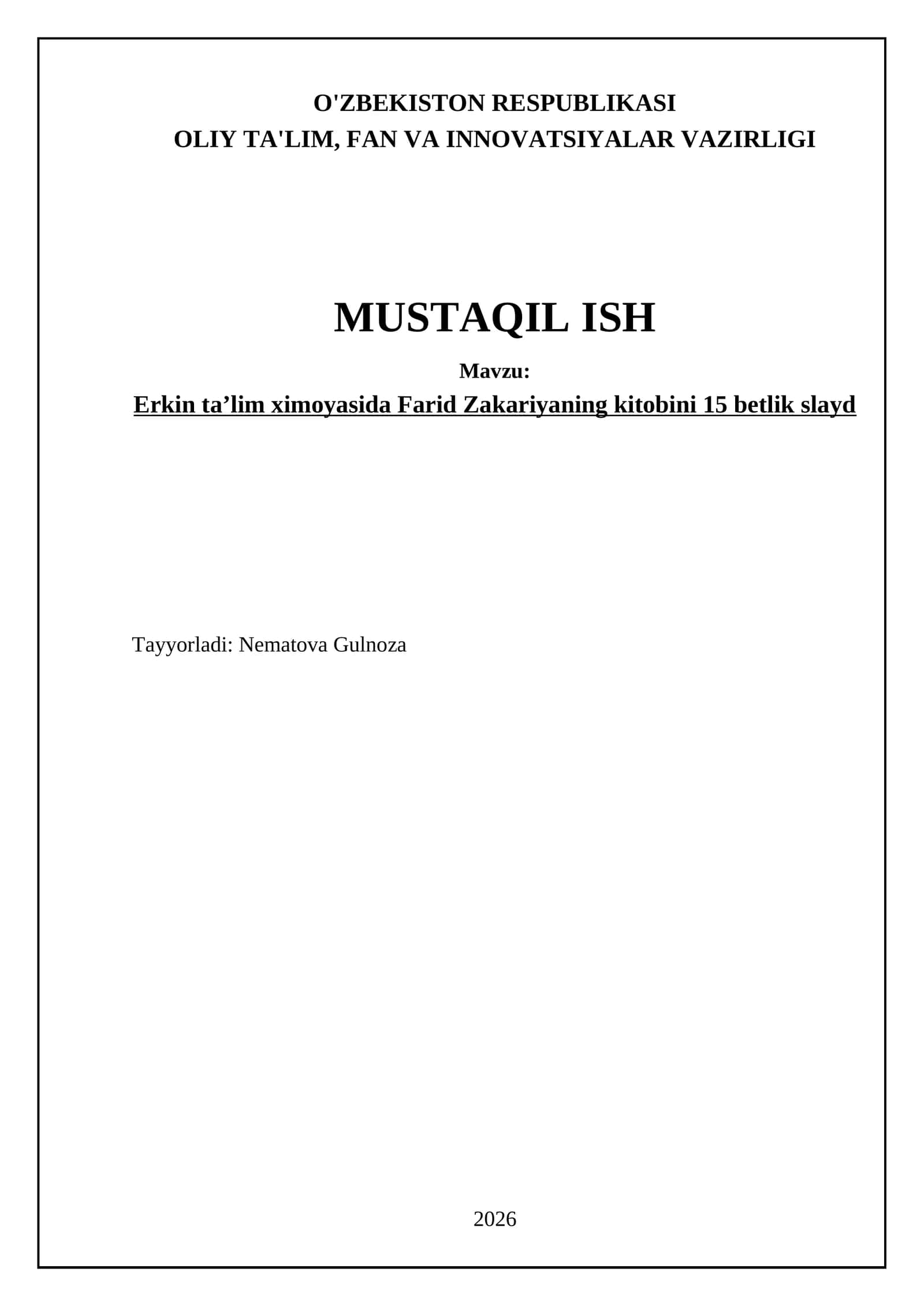 Erkin taʼlim ximoyasida Farid Zakariyaning kitobini 15 betlik slayd