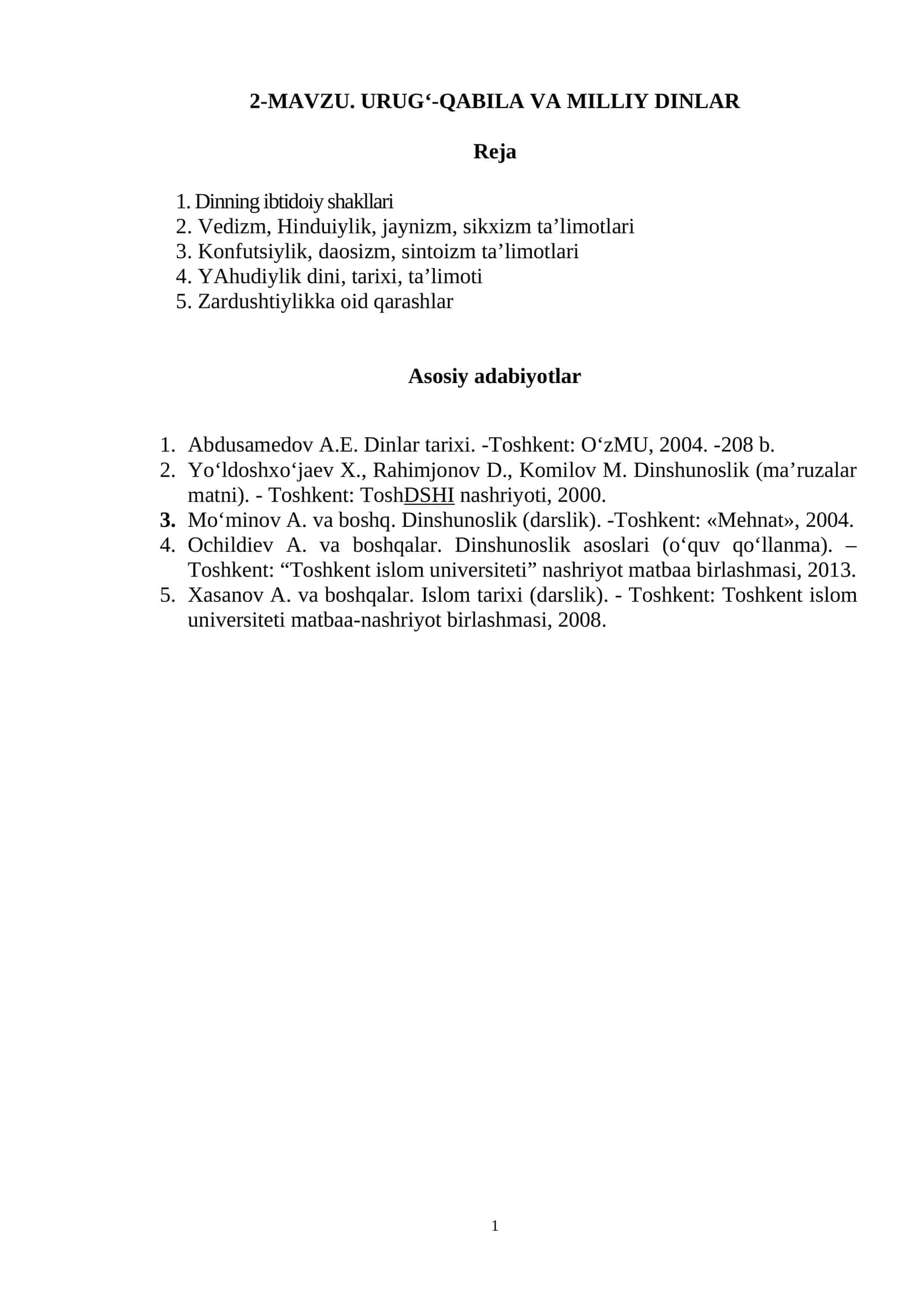 URUG‘-QABILA VA MILLIY DINLAR