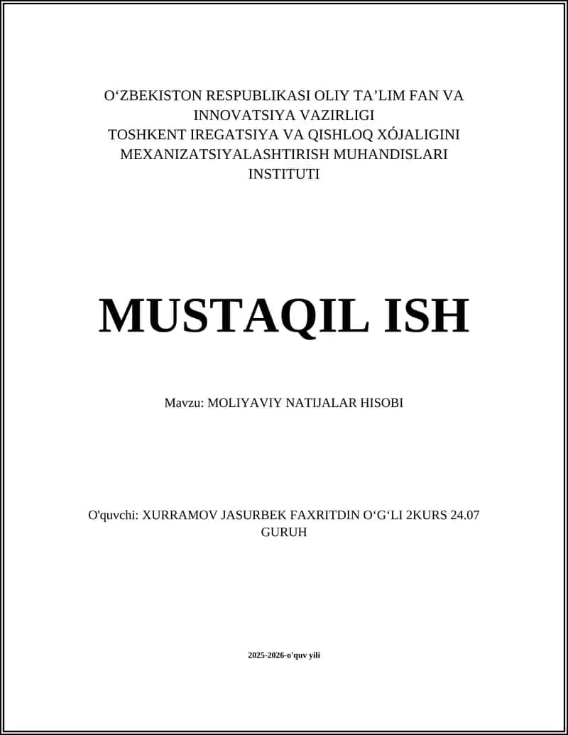 MOLIYAVIY NATIJALAR HISOBI