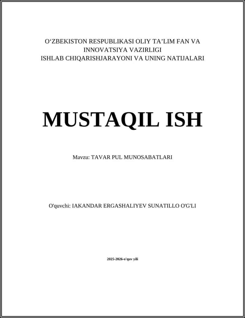 TAVAR PUL MUNOSABATLARI