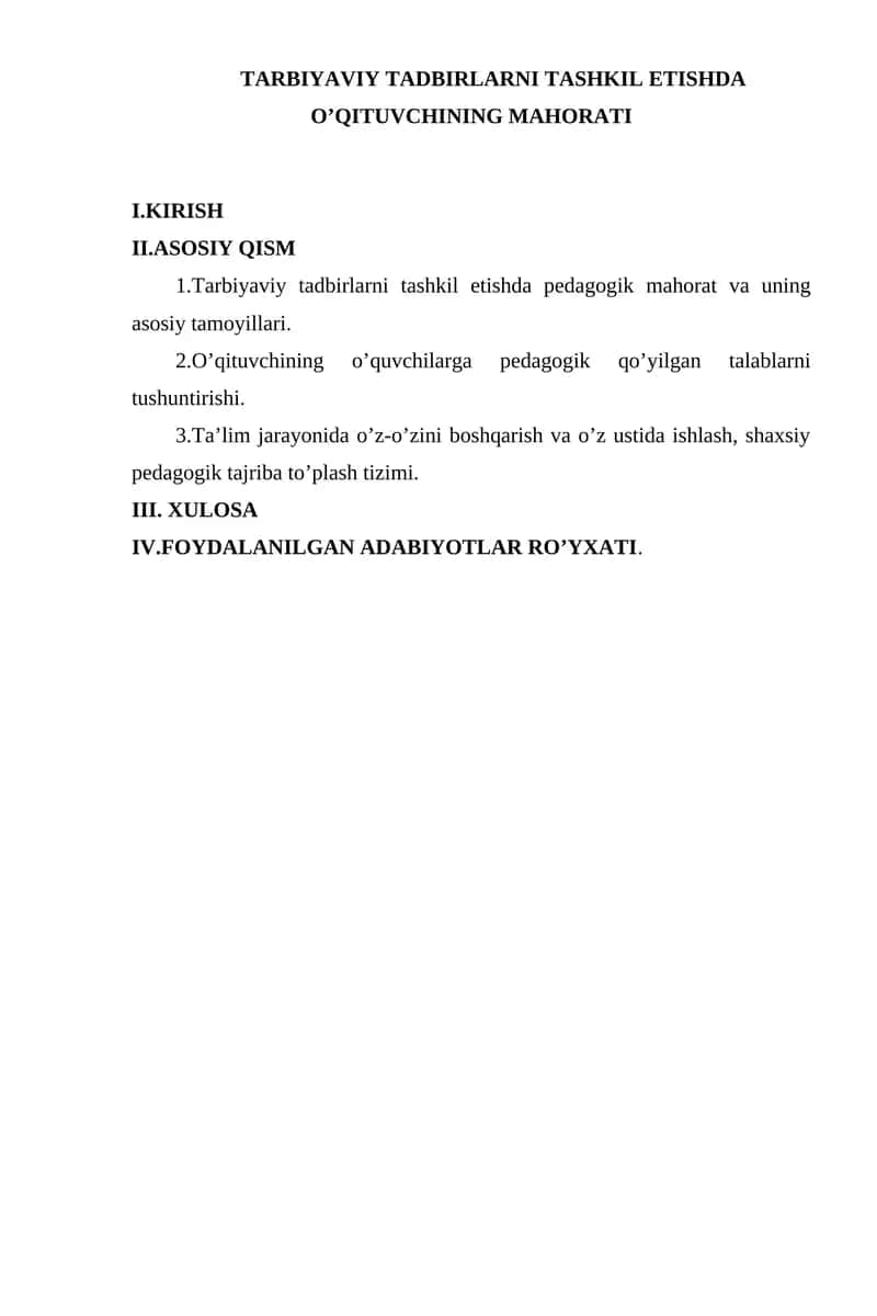 TARBIYAVIY TADBIRLARNI TASHKIL ETISHDA O’QITUVCHINING MAHORATI