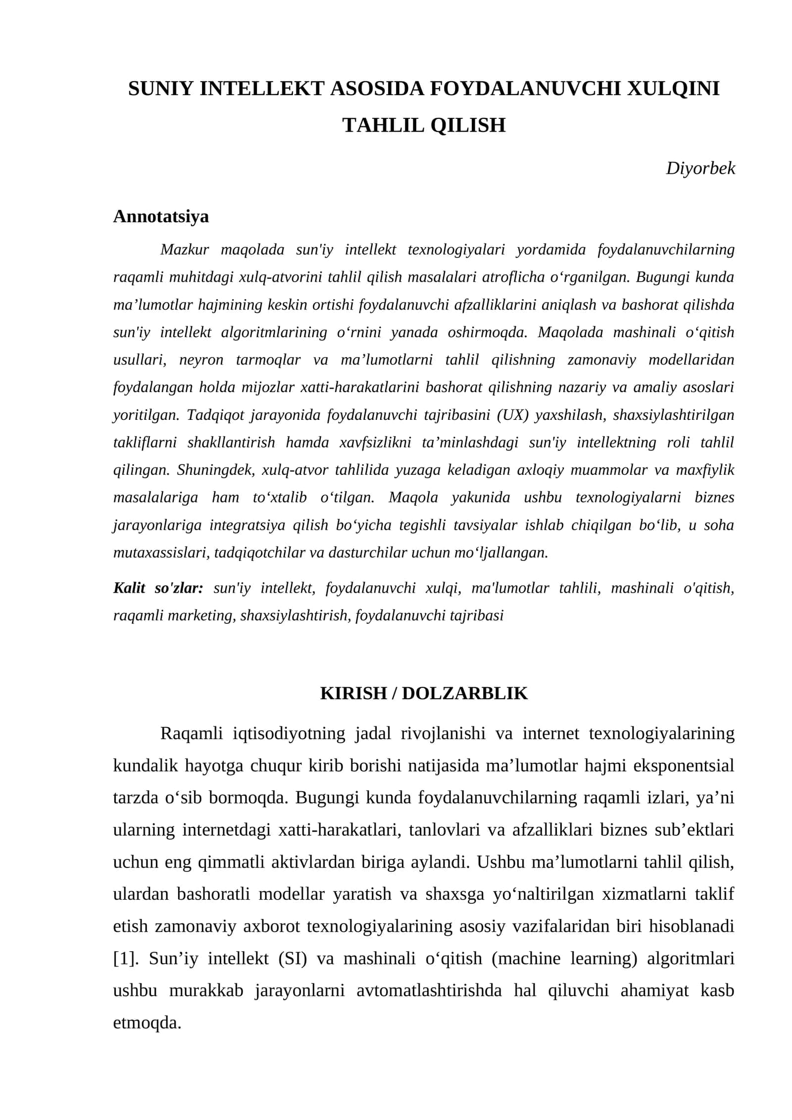 SUNIY INTELLEKT ASOSIDA FOYDALANUVCHI XULQINI TAHLIL QILISH