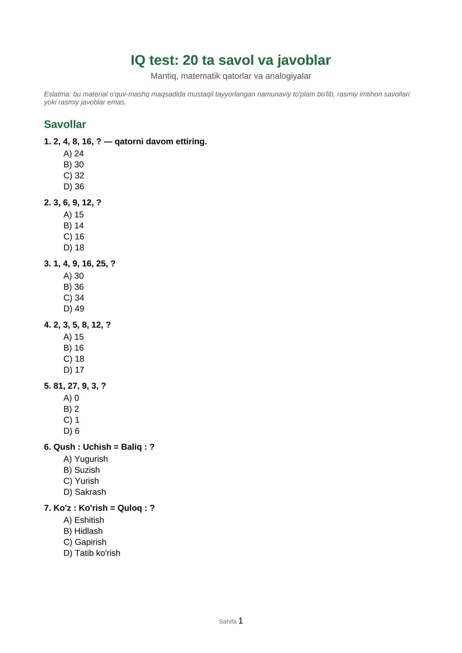 IQ test: 20 ta savol va javoblar