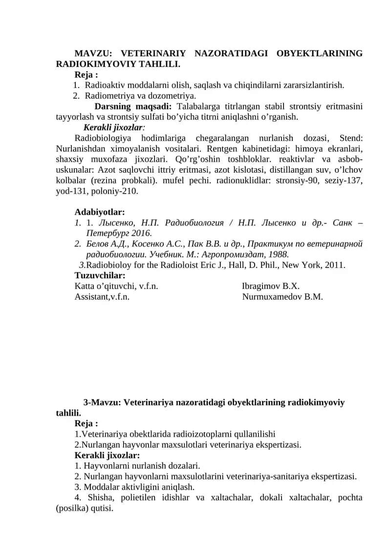 VETERINARIY NAZORATIDAGI OBYEKTLARINING RADIOKIMYOVIY TAHLILI
