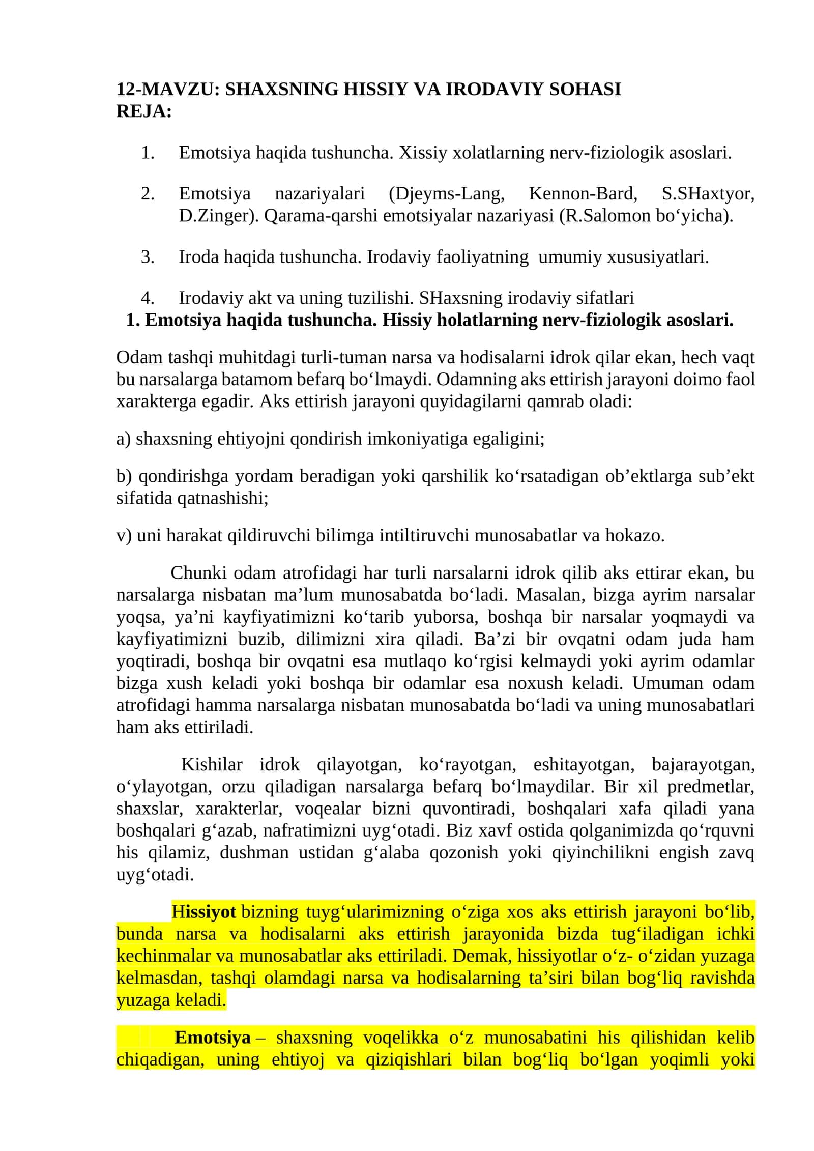 SHAXSNING HISSIY VA IRODAVIY SOHASI