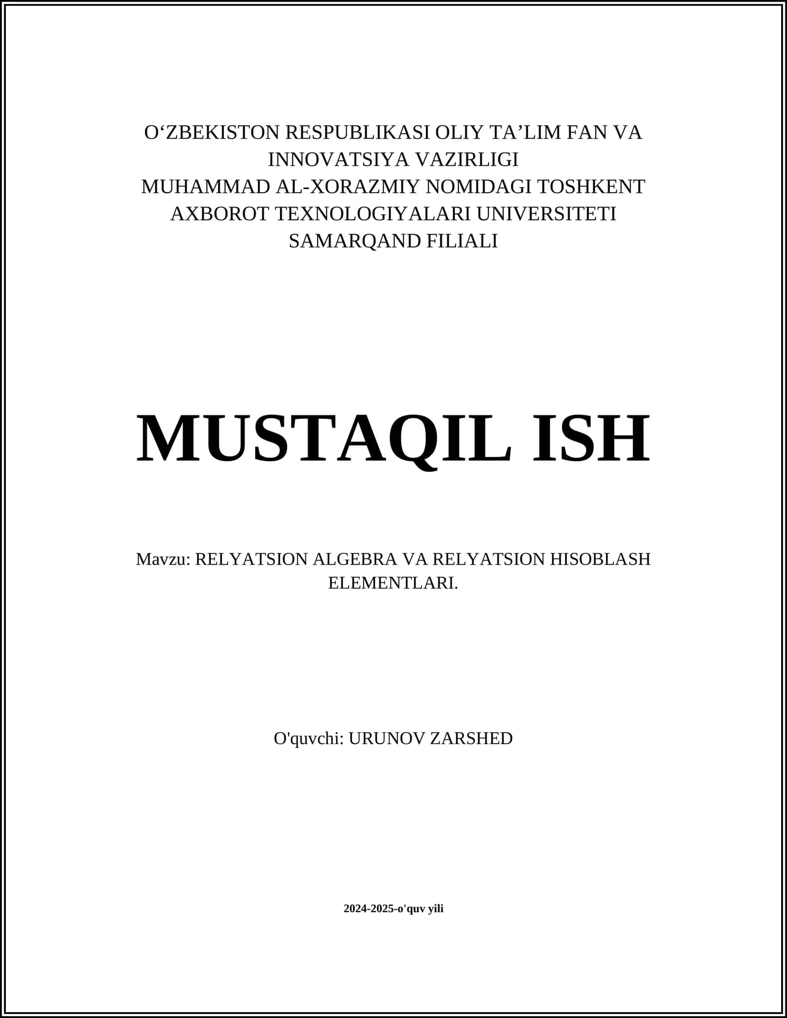 RELYATSION ALGEBRA VA RELYATSION HISOBLASH ELEMENTLARI