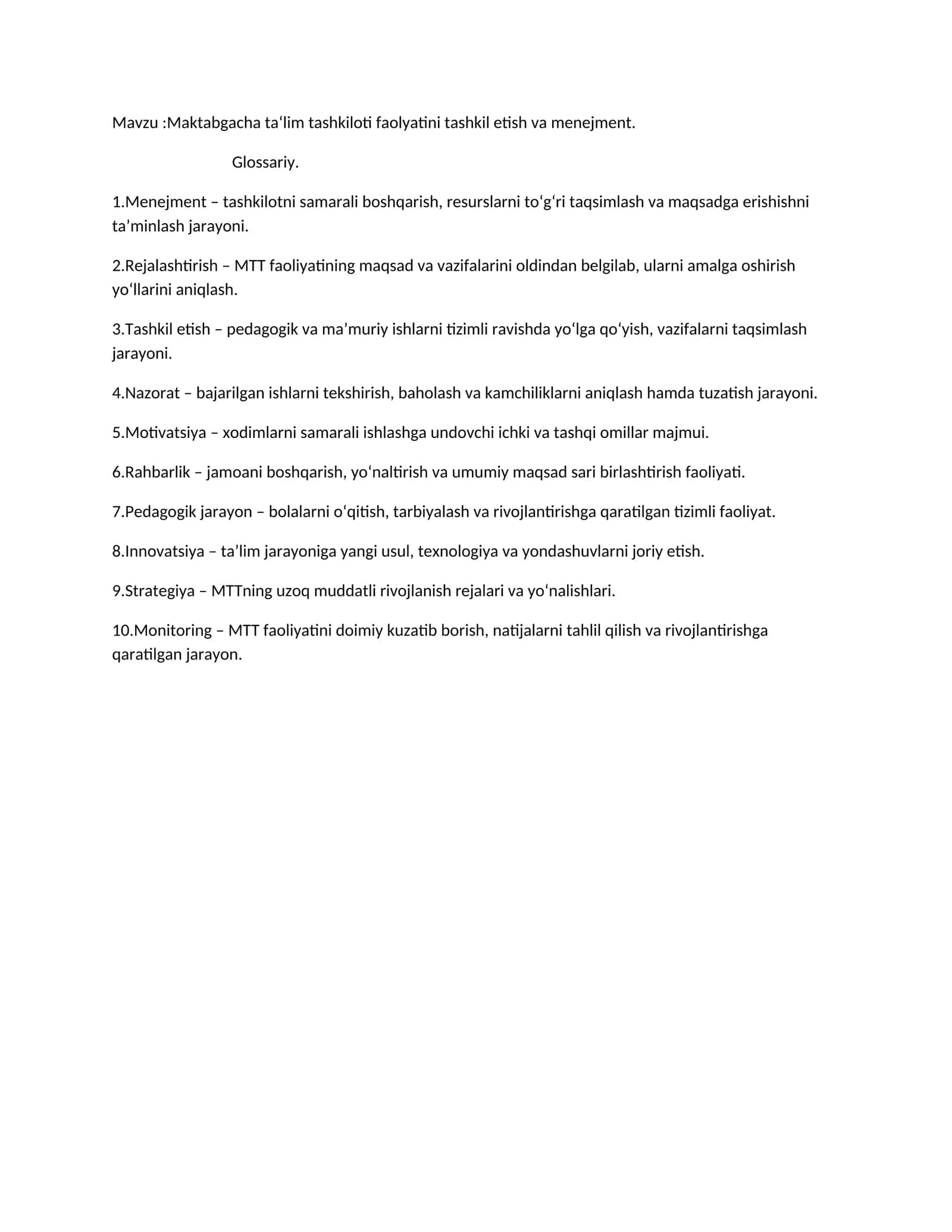 Maktabgacha ta‘lim tashkiloti faolyatini tashkil etish va menejment
