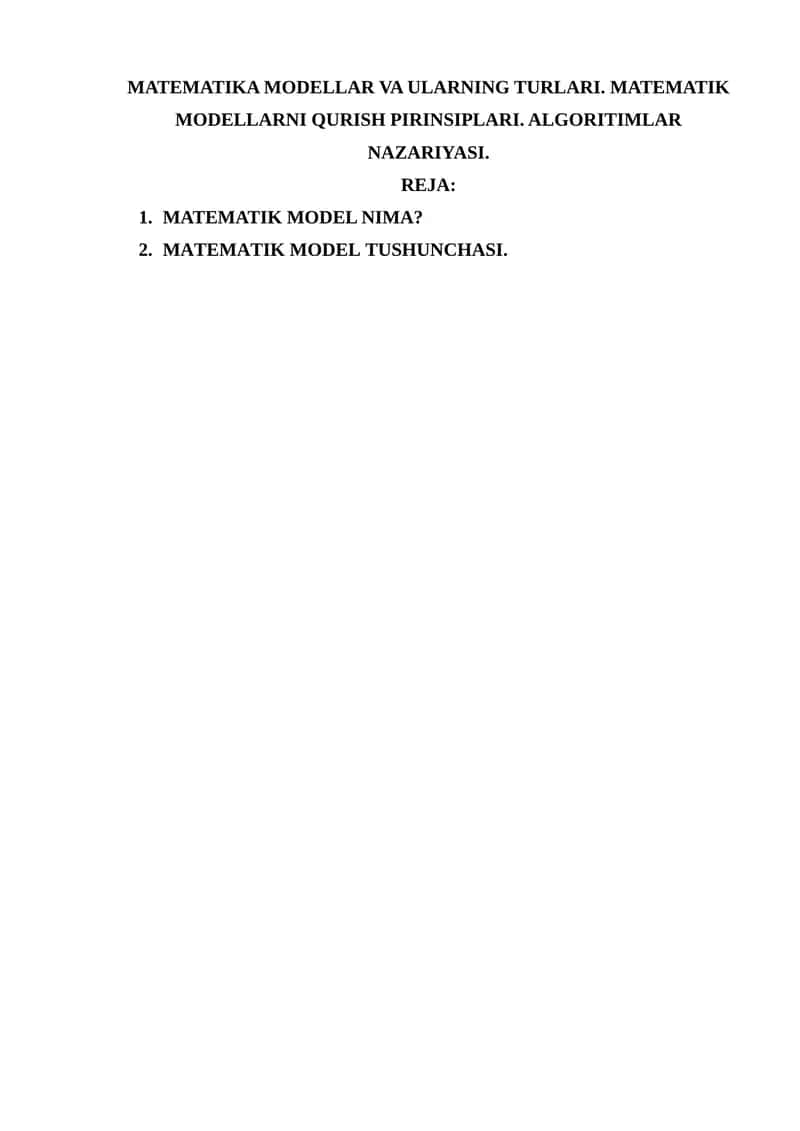MatEmatik modellar VA ularning turlari