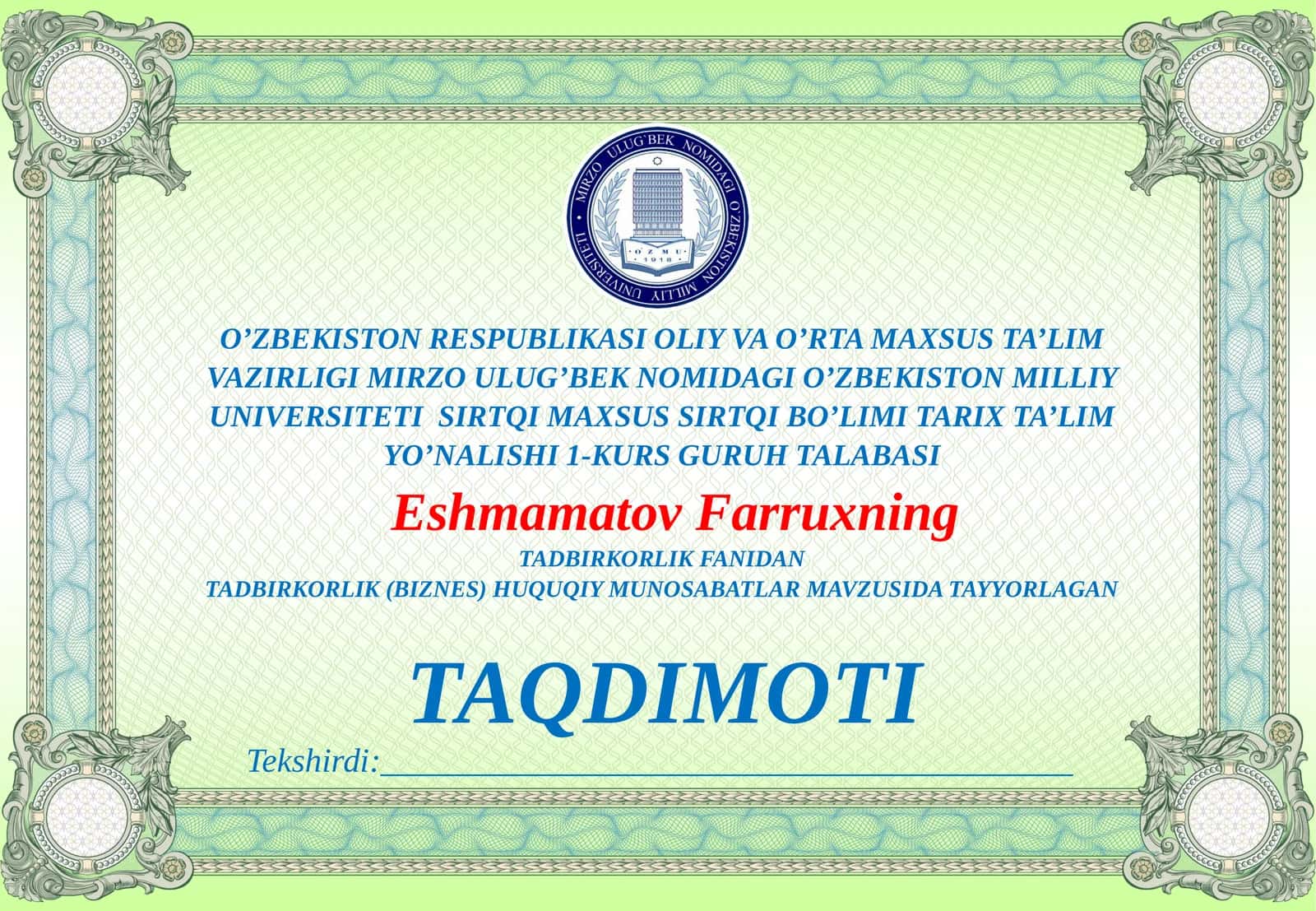 TADBIRKORLIK (BIZNES) HUQUQIY MUNOSABATLAR