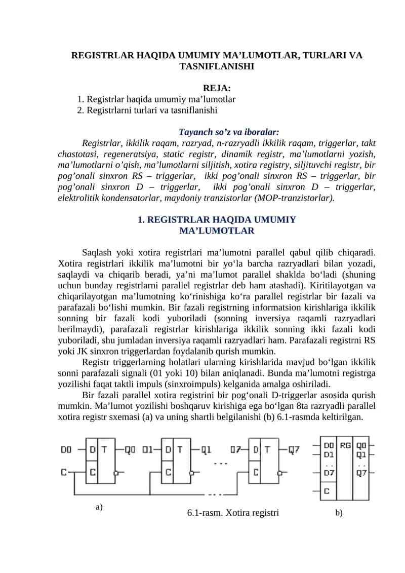REGISTRLAR HAQIDA UMUMIY MA’LUMOTLAR, TURLARI VA TASNIFLANISHI