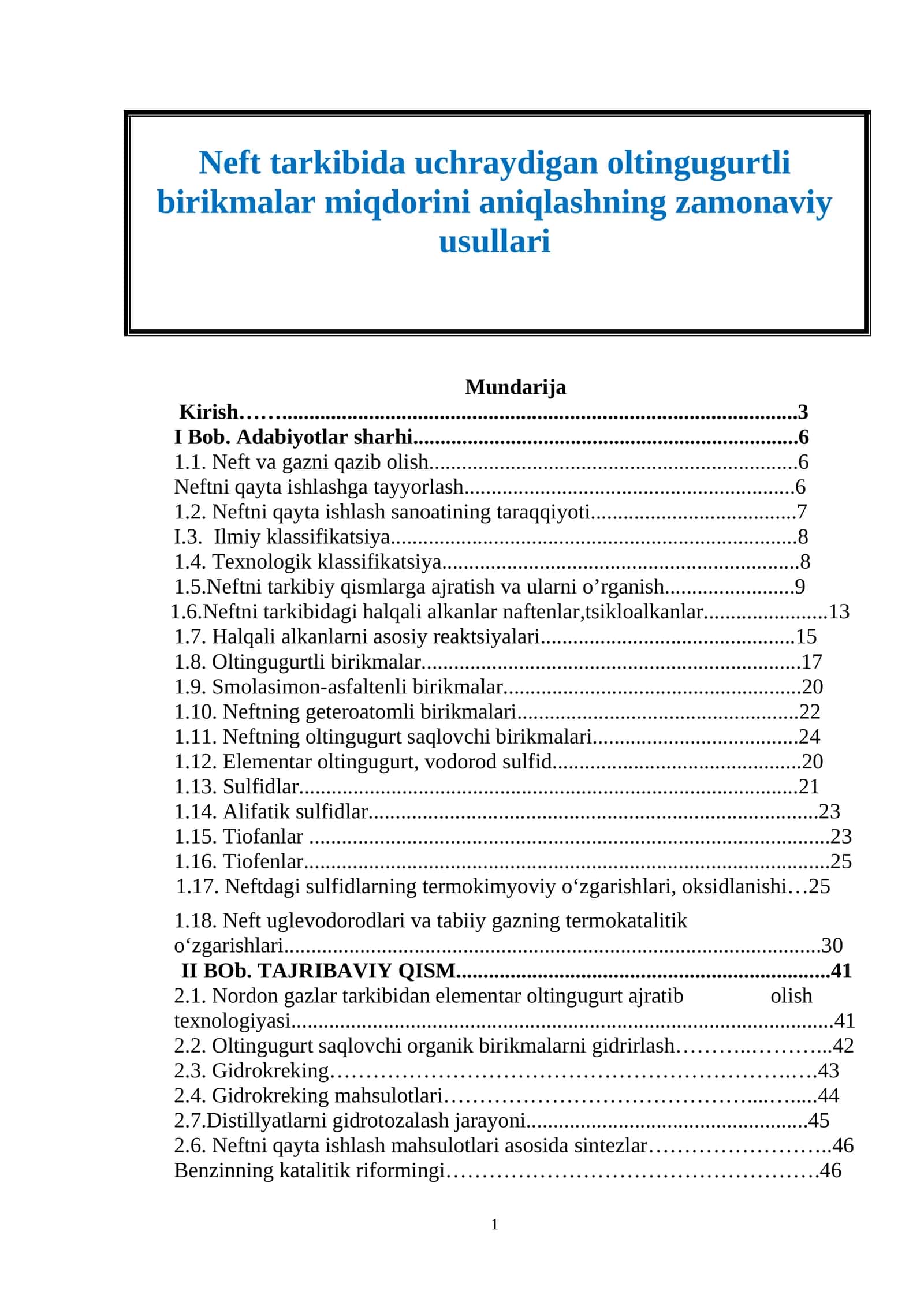 Neft tarkibida uchraydigan oltingugurtli birikmalar miqdorini aniqlashning zamonaviy usullari