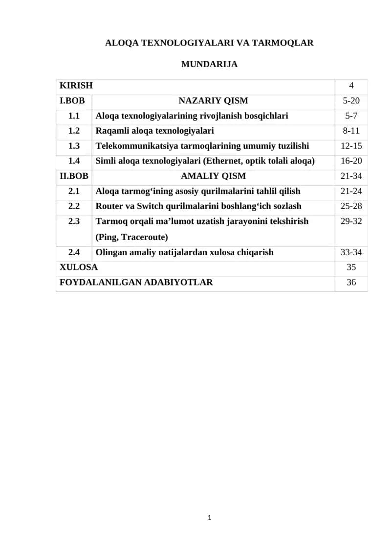 ALOQA TEXNOLOGIYALARI VA TARMOQLAR