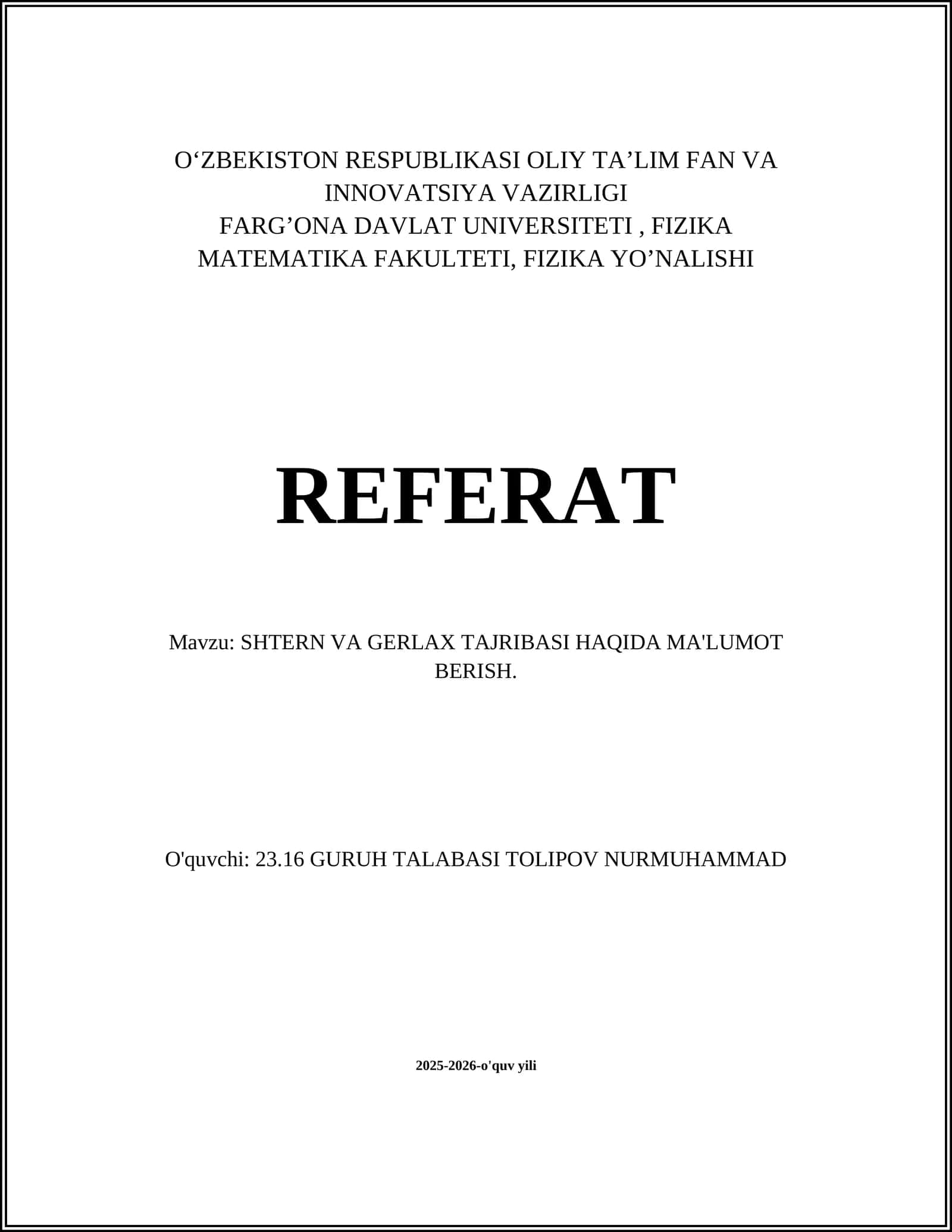 FIZIKA YO’NALISHI REFERAT