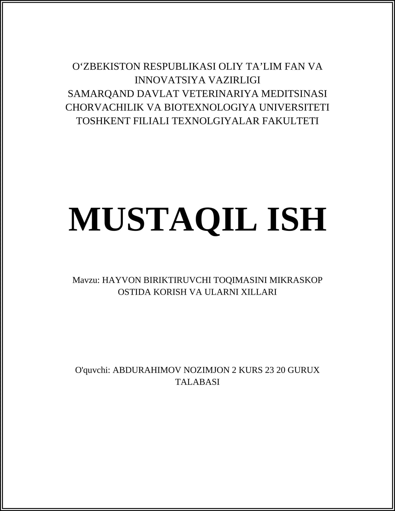 HAYVON BIRIKTIRUVCHI TOQIMASINI MIKRASKOP OSTIDA KORISH VA ULARNI XILLARI