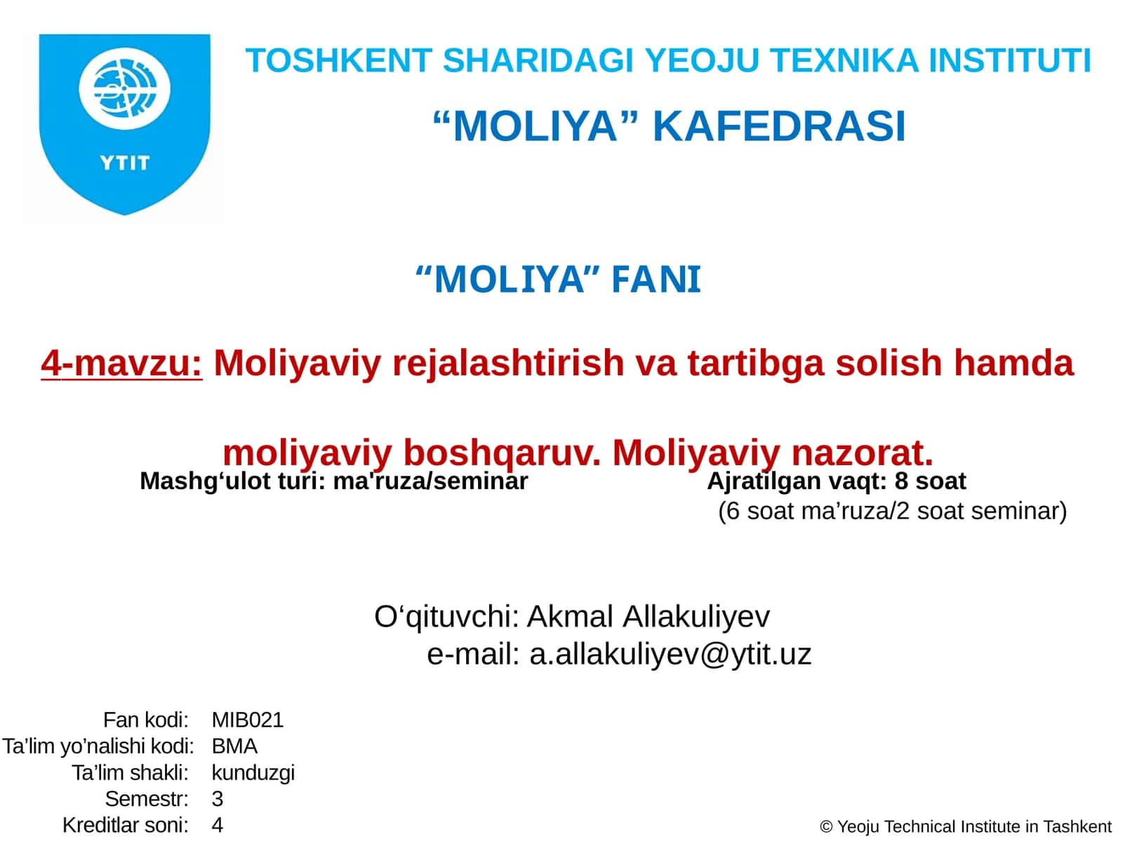 Moliya fanining rejasi