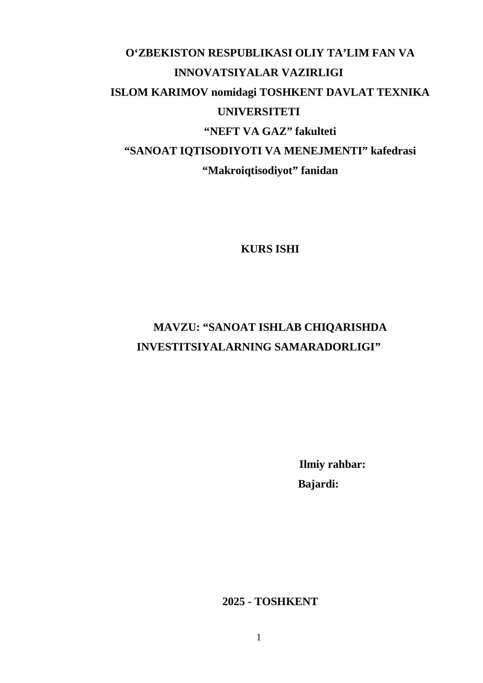 SANOAT ISHLAB CHIQARISHDA INVESTITSIYALARNING SAMARADORLIGI