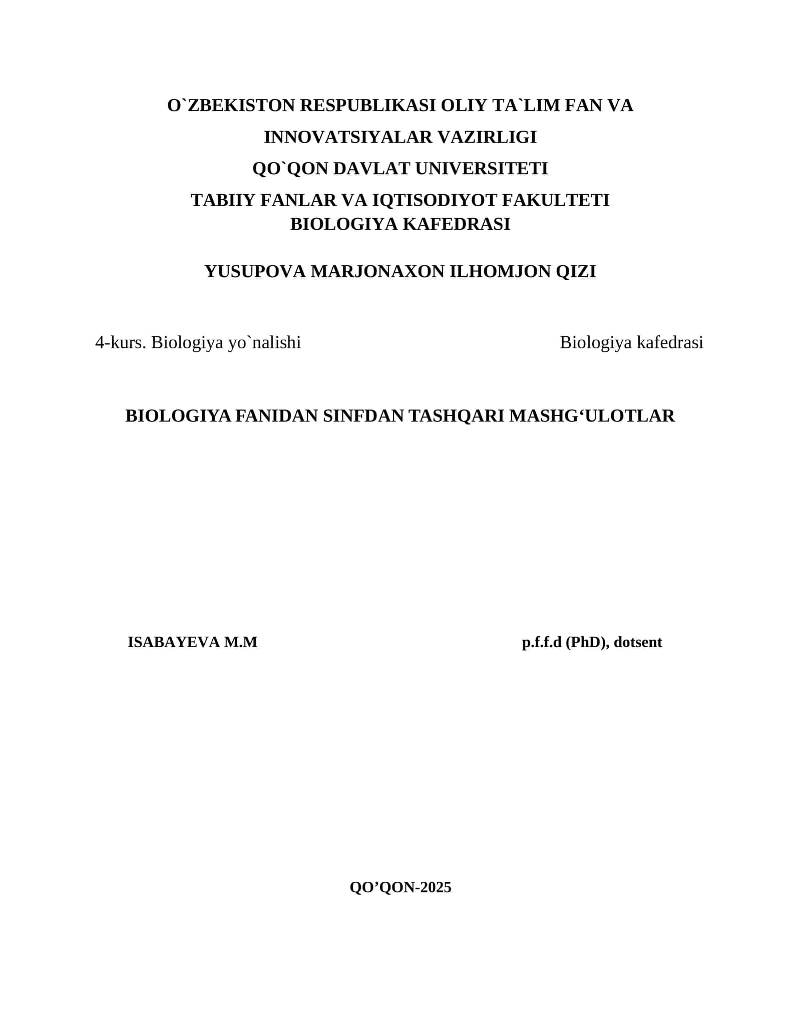 BIOLOGIYA FANIDAN SINFDAN TASHQARI MASHG‘ULOTLAR
