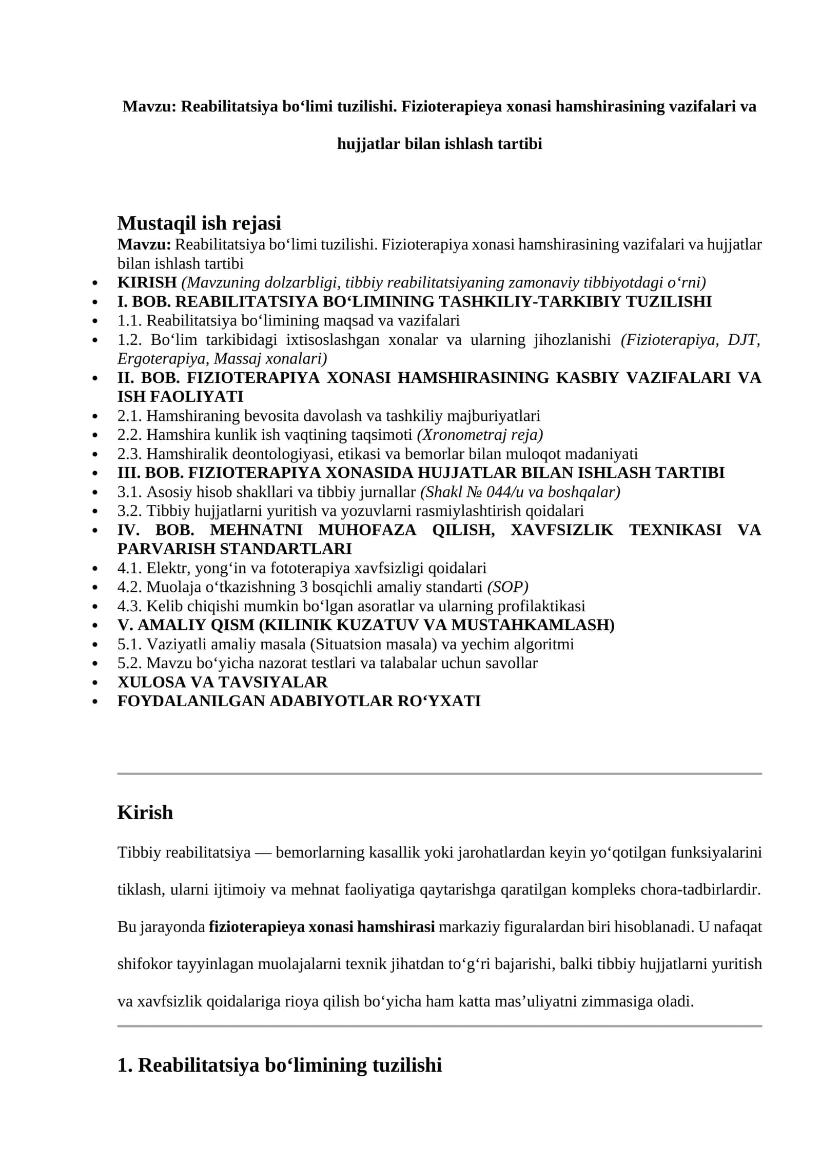 Reabilitatsiya bo‘limi tuzilishi. Fizioterapieya xonasi hamshirasining vazifalari va hujjatlar bilan ishlash tartibi